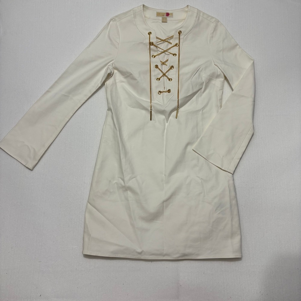 Michael Michael Kors White Chain Lace Up Shift Dress MS58VGBCC4 Women's Small